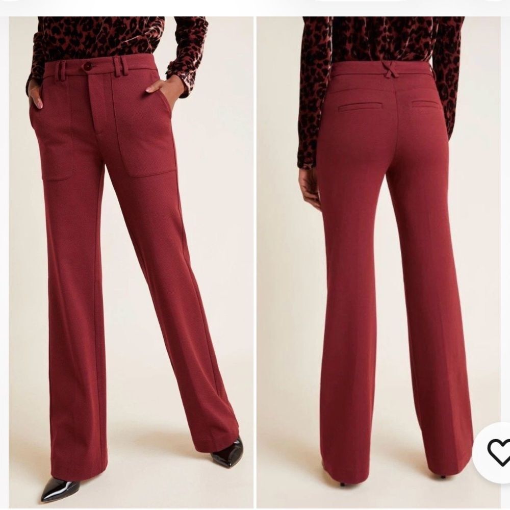 Anthropologie Essential Twill Trousers Burgundy Red Flare Leg Size 10